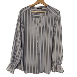 Tahari Striped Feminine Button Front Long Sleeve Blouse Blue Stripe Size XL